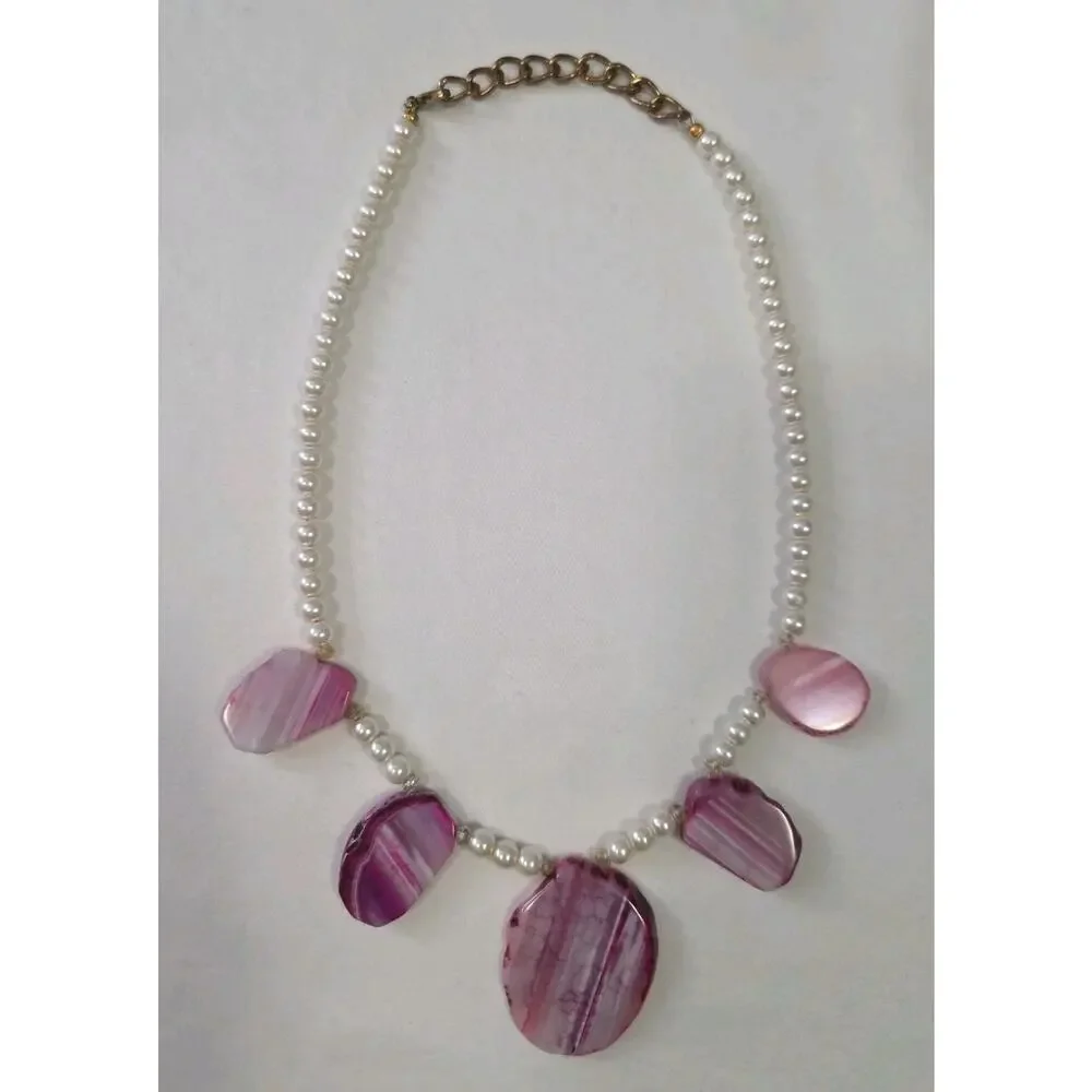 Statement Necklace With Pink Dyed Agate Slice Pendants On White Faux Pearls